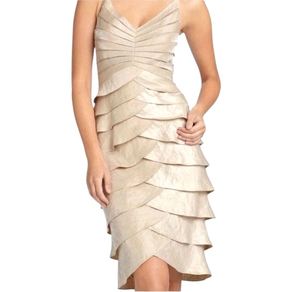 Like New Adrianna Papell Tiered Ruffle Champagne Good Dress Size 10